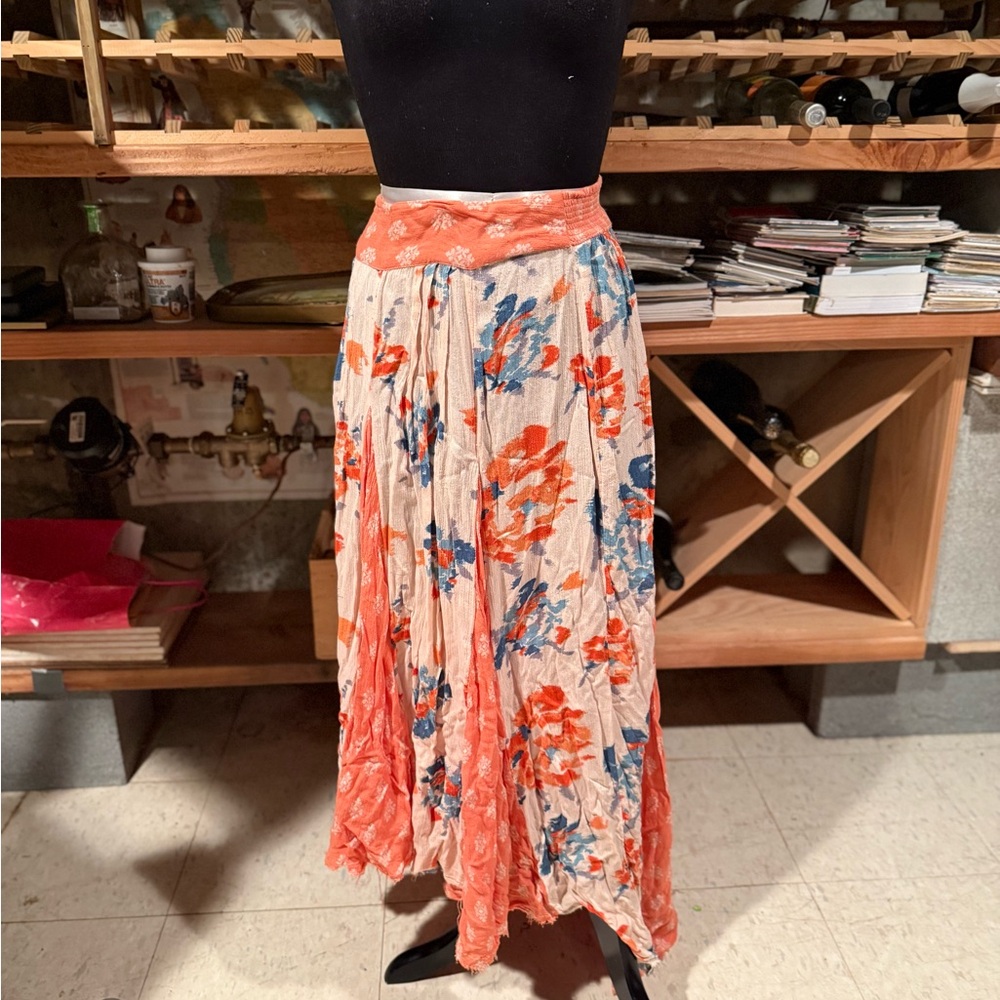 Free People Coral and Blue Floral A-Line Skirt
